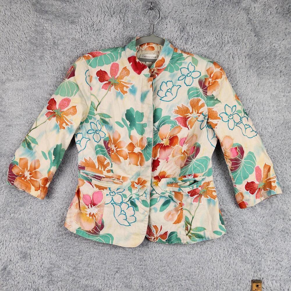 Coldwater Creek Blazer Womens 10 Multicolor Floral Linen Embroidered Jacket Y2k